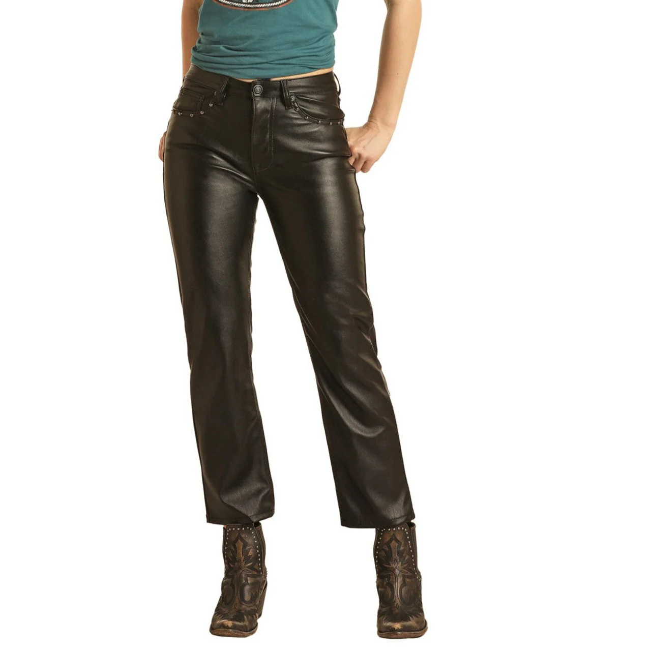 Rock & Roll Women's High Rise Stretch Pleather Straight Cropped Pants - Black
