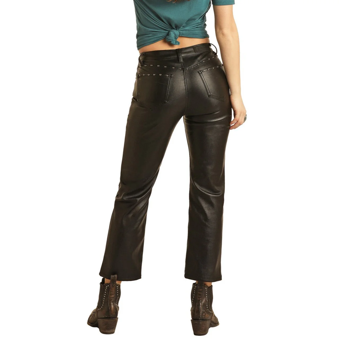 Rock & Roll Women's High Rise Stretch Pleather Straight Cropped Pants - Black - Image 3