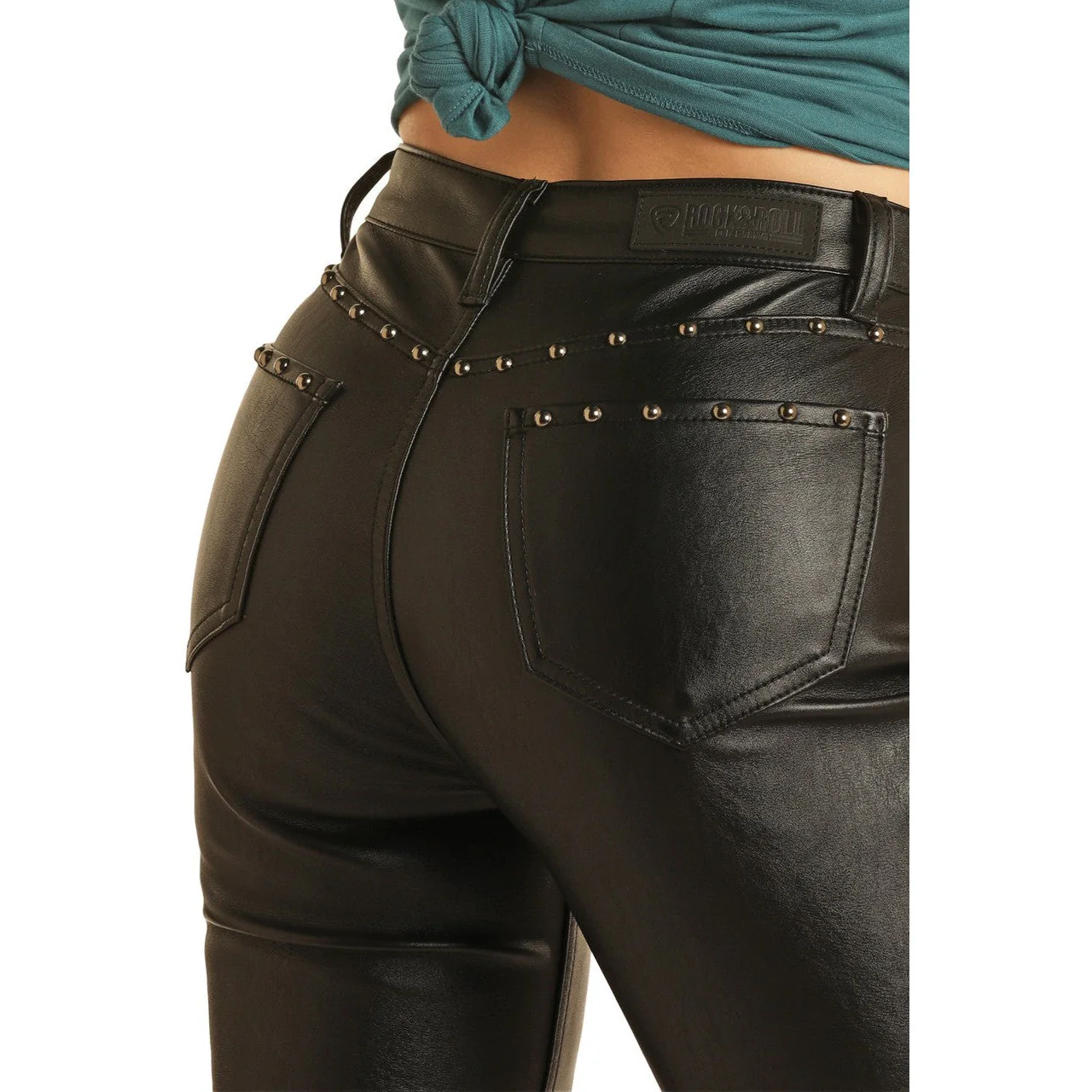 Rock & Roll Women's High Rise Stretch Pleather Straight Cropped Pants - Black - Image 4