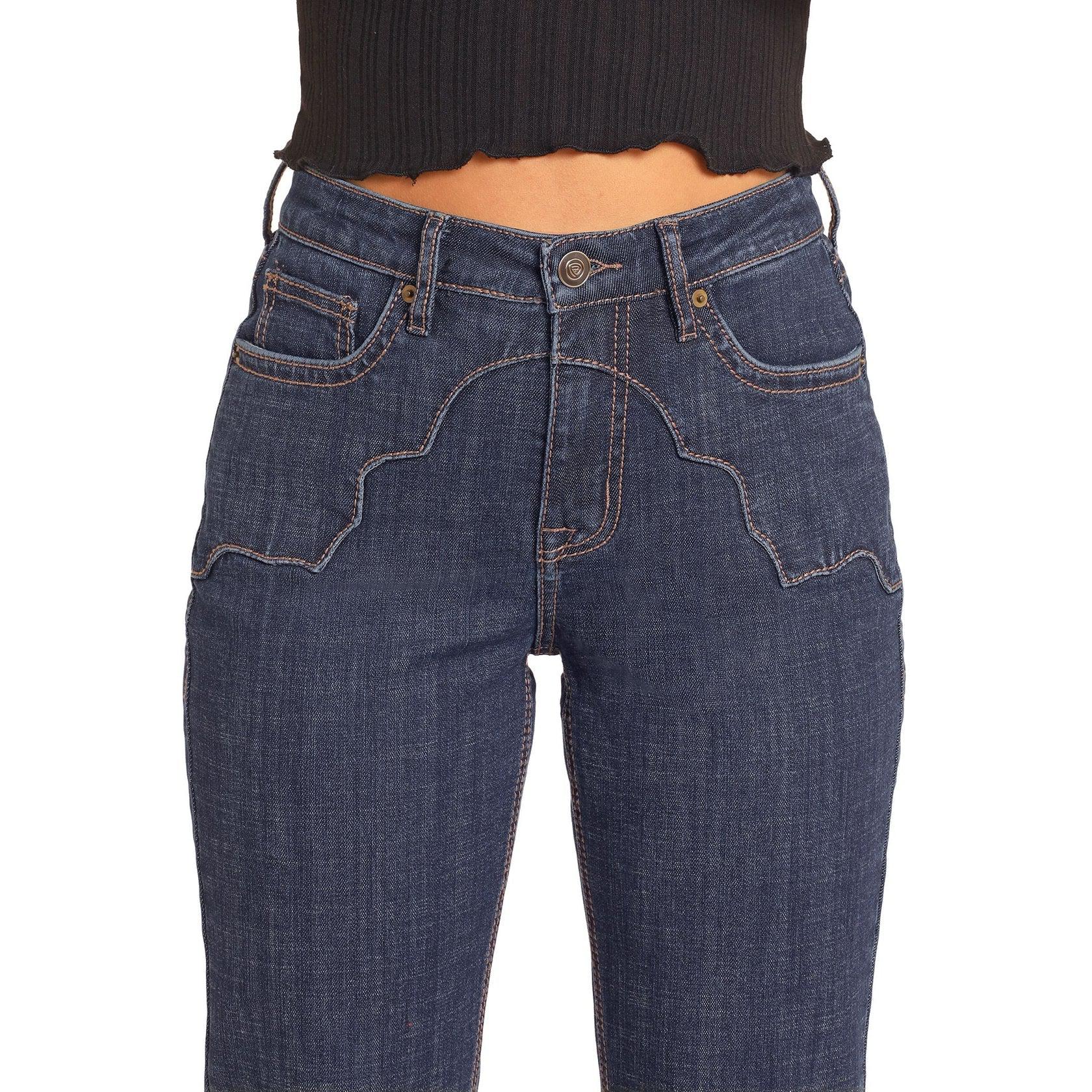 Rock & Roll Women's High Rise Western Yoke Bootcut Stretch Jeans - Dark Wash