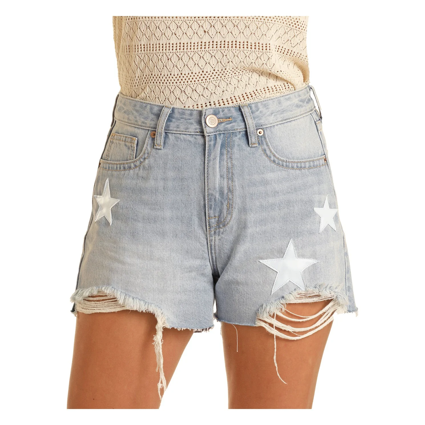 Rock & Roll Women's Leather Patch Star Shorts - Light Wash - Image 3