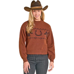 Rock & Roll Women's Long Sleeve Horse & Aztec Novelty Sweater - Burnt Orange