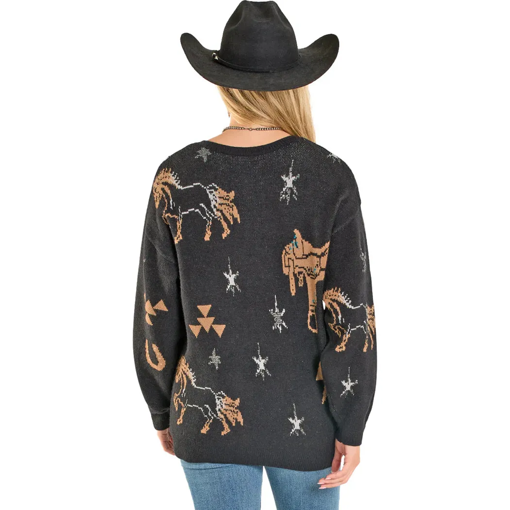Rock & Roll Women's Long Sleeve Lurex Saddle Up Conversational Sweater - Black - Image 2