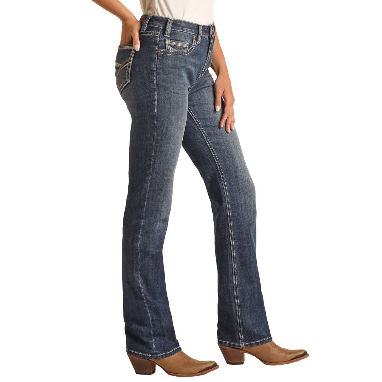 Rock & Roll Women's Mid Rise Regular Fit Modest Bootcut Jeans - Medium Wash - Image 3