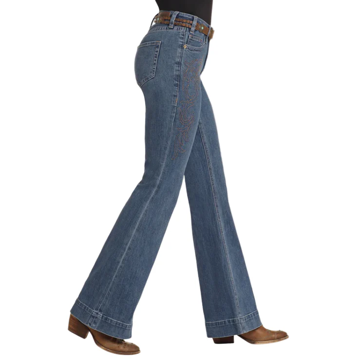Rock & Roll Women's Mid Rise Western Embroidered Trousers - Medium Wash - Image 2