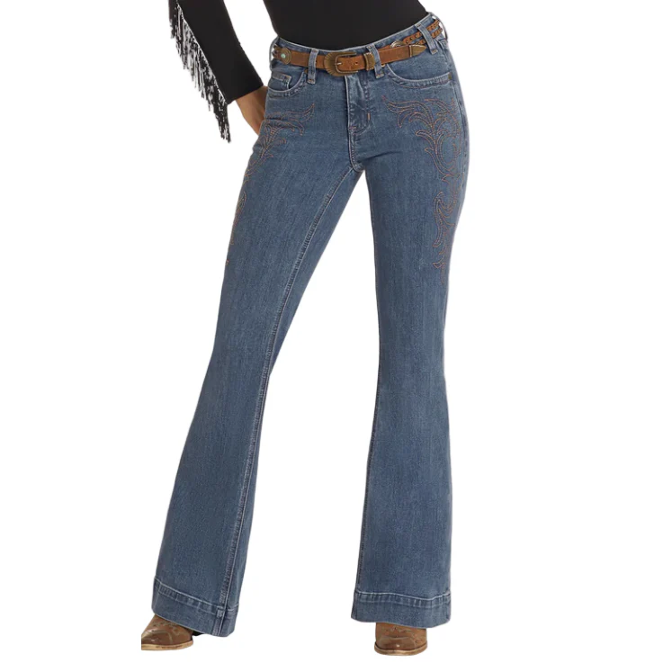 Rock & Roll Women's Mid Rise Western Embroidered Trousers - Medium Wash - Image 3