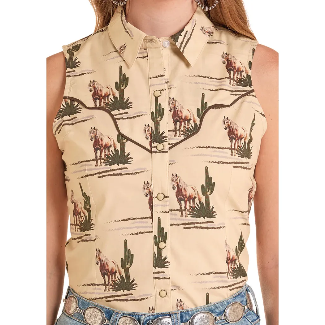Rock & Roll Women's Novelty Retro Spirit Print Sleeveless Snap Top - Natural - Image 3