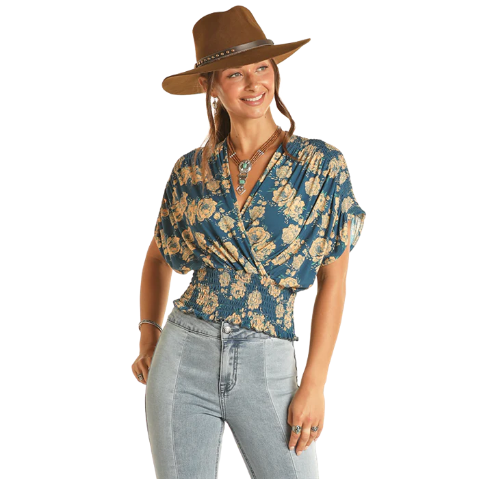 Rock & Roll Women's Smocked Floral Top - Navy