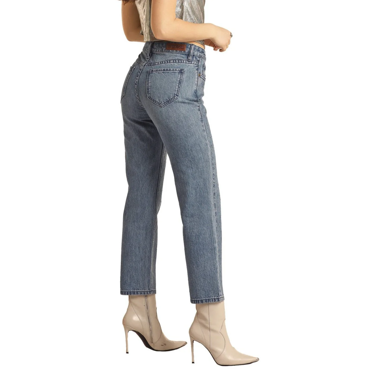 Rock & Roll Women's High Rise Rhinestone Straight Cropped Pants - Medium Wash - Image 2