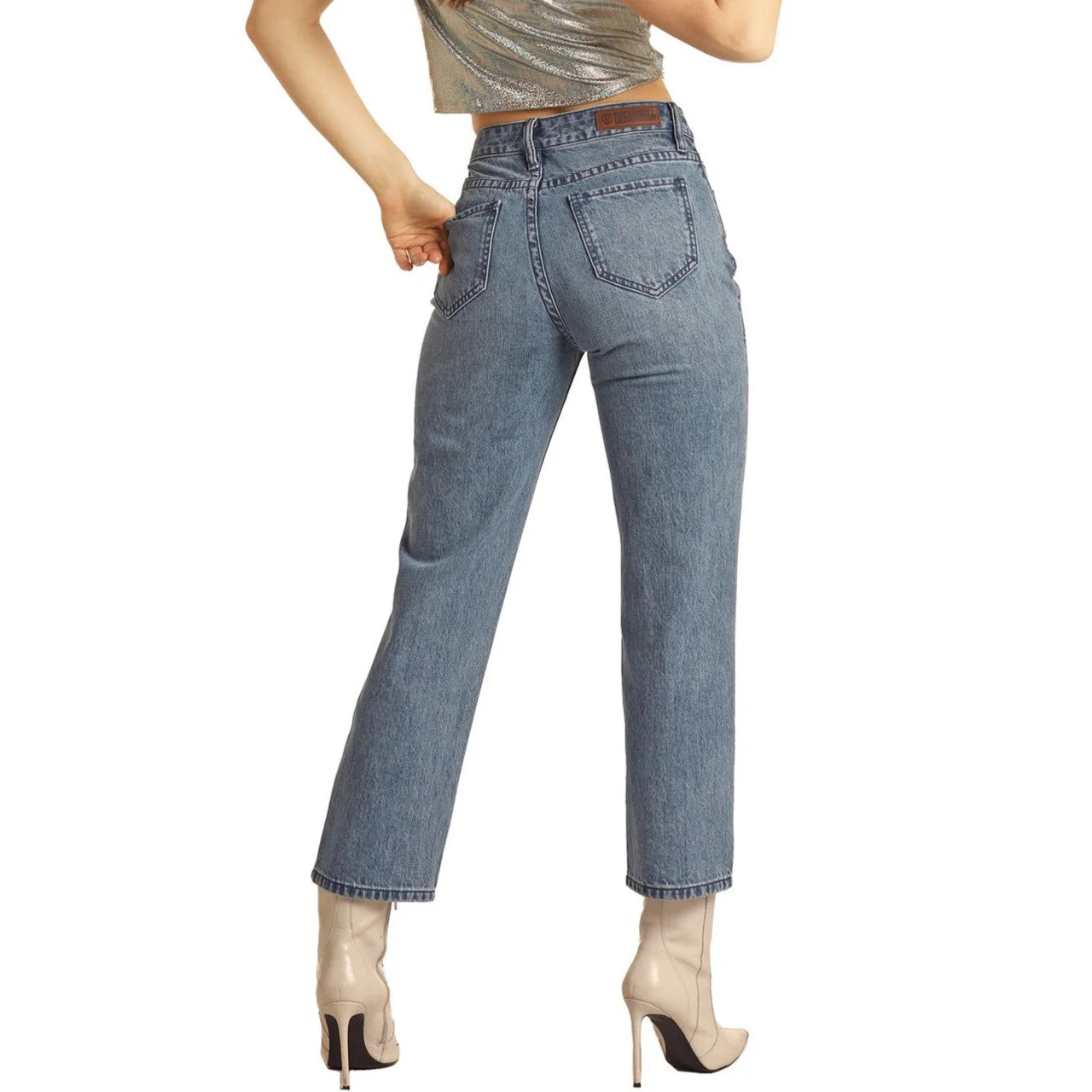 Rock & Roll Women's High Rise Rhinestone Straight Cropped Pants - Medium Wash - Image 3