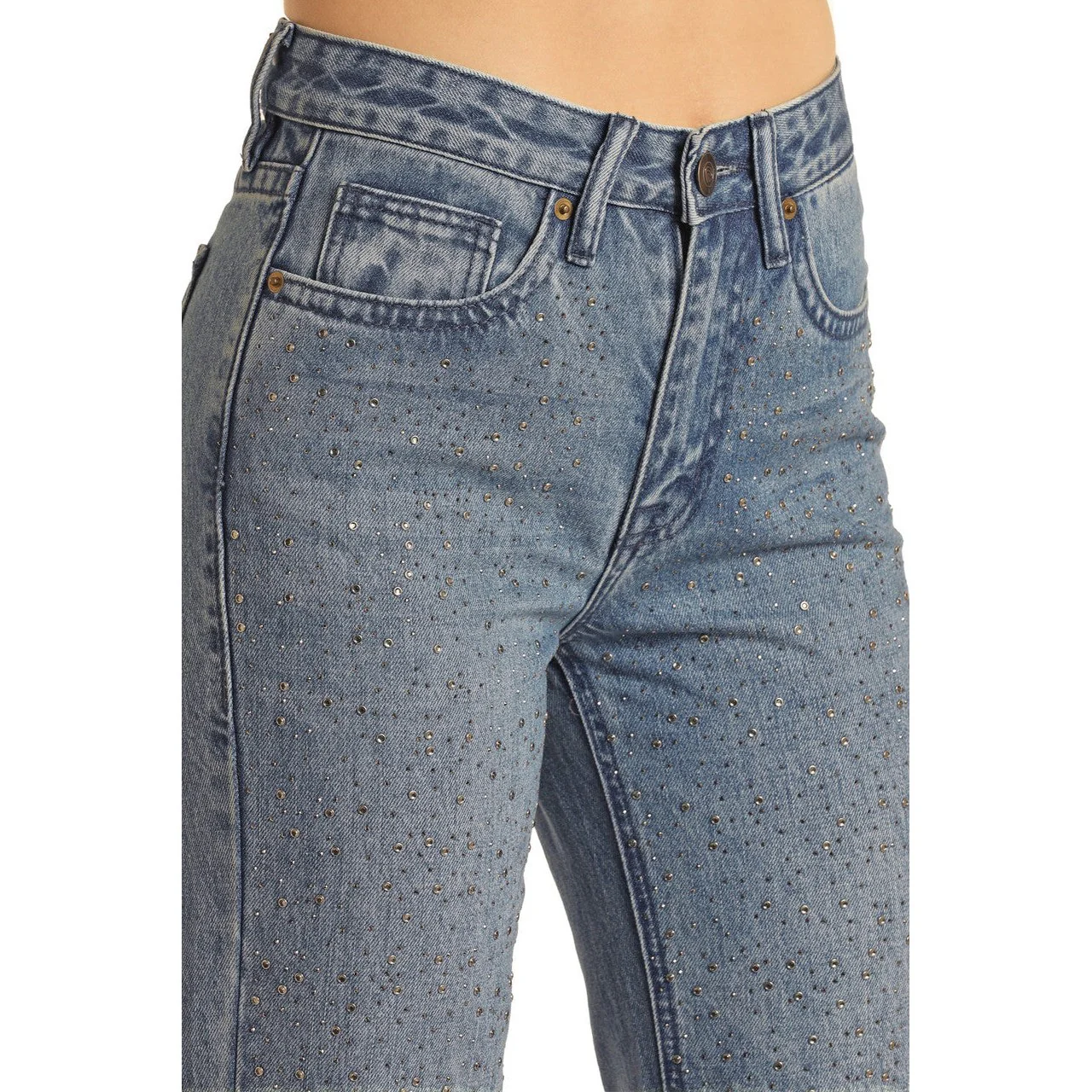 Rock & Roll Women's High Rise Rhinestone Straight Cropped Pants - Medium Wash - Image 4