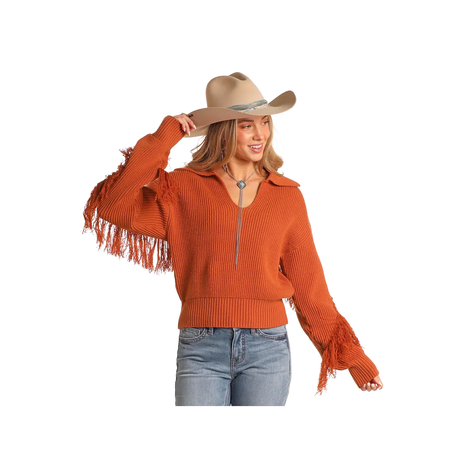 Rock & Roll Women's Sweater with Fringe - Rust