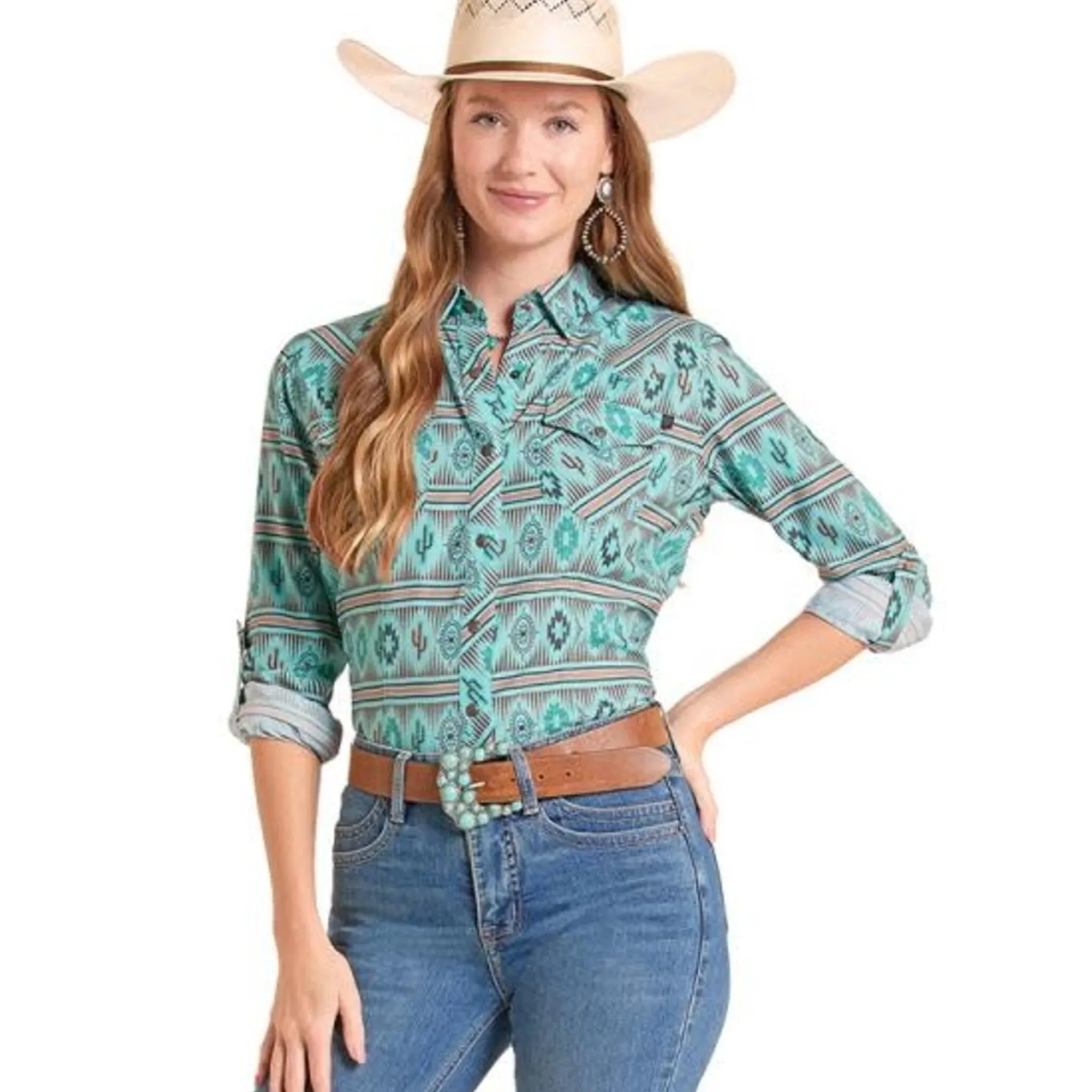 Rock & Roll Women's Tek Ripstop Convo Stripe Long Sleeve Print Shirt - Turquoise