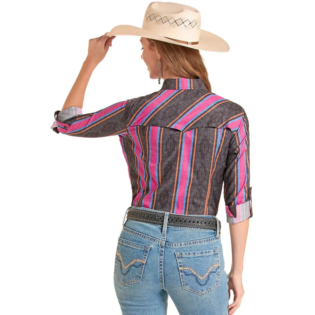 Rock & Roll Women's Tek Ripstop Western Bright Stripe Print LS Shirt - Black - Image 2