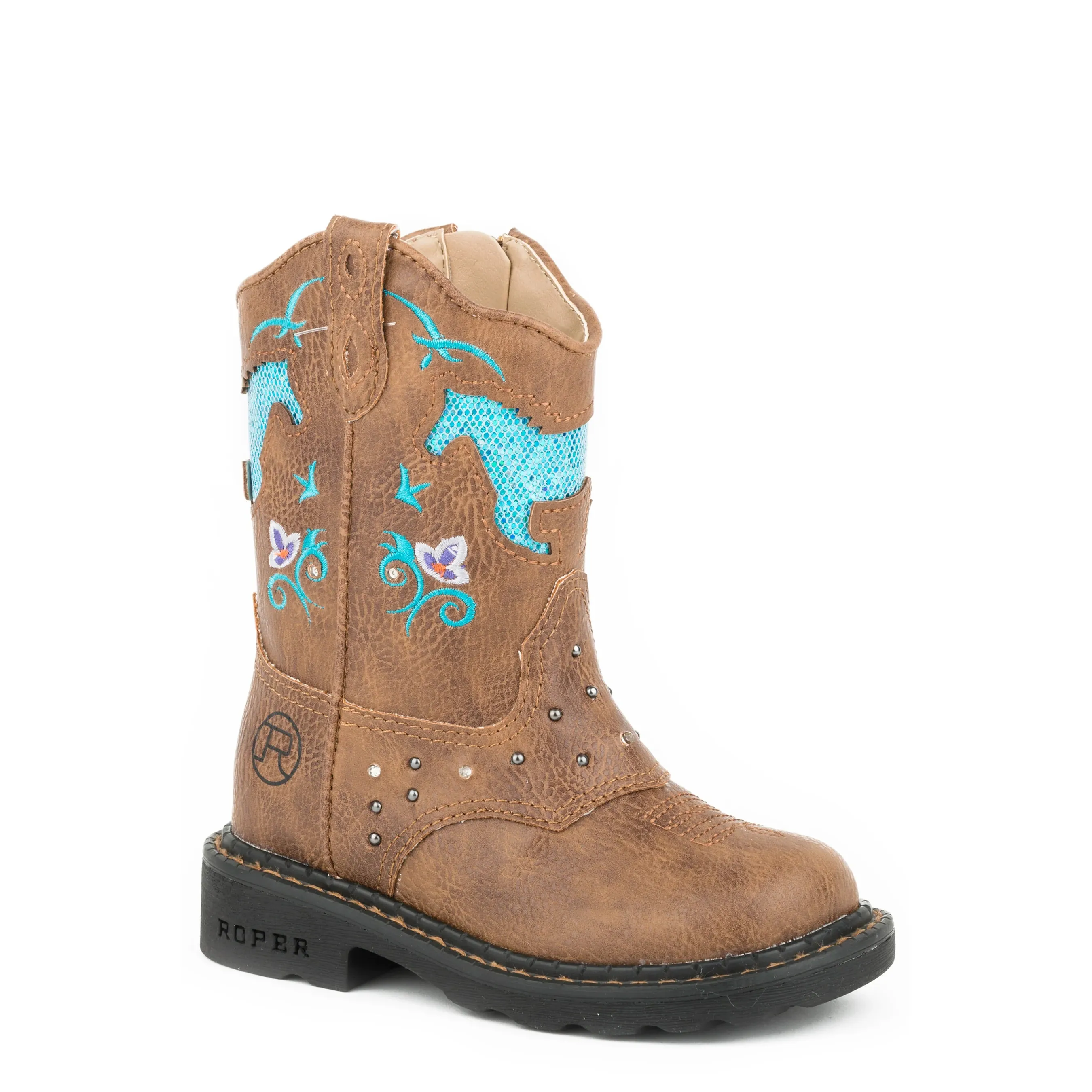 Roper Toddler Faux Leather Lights and Studs  Western Boots-Tan