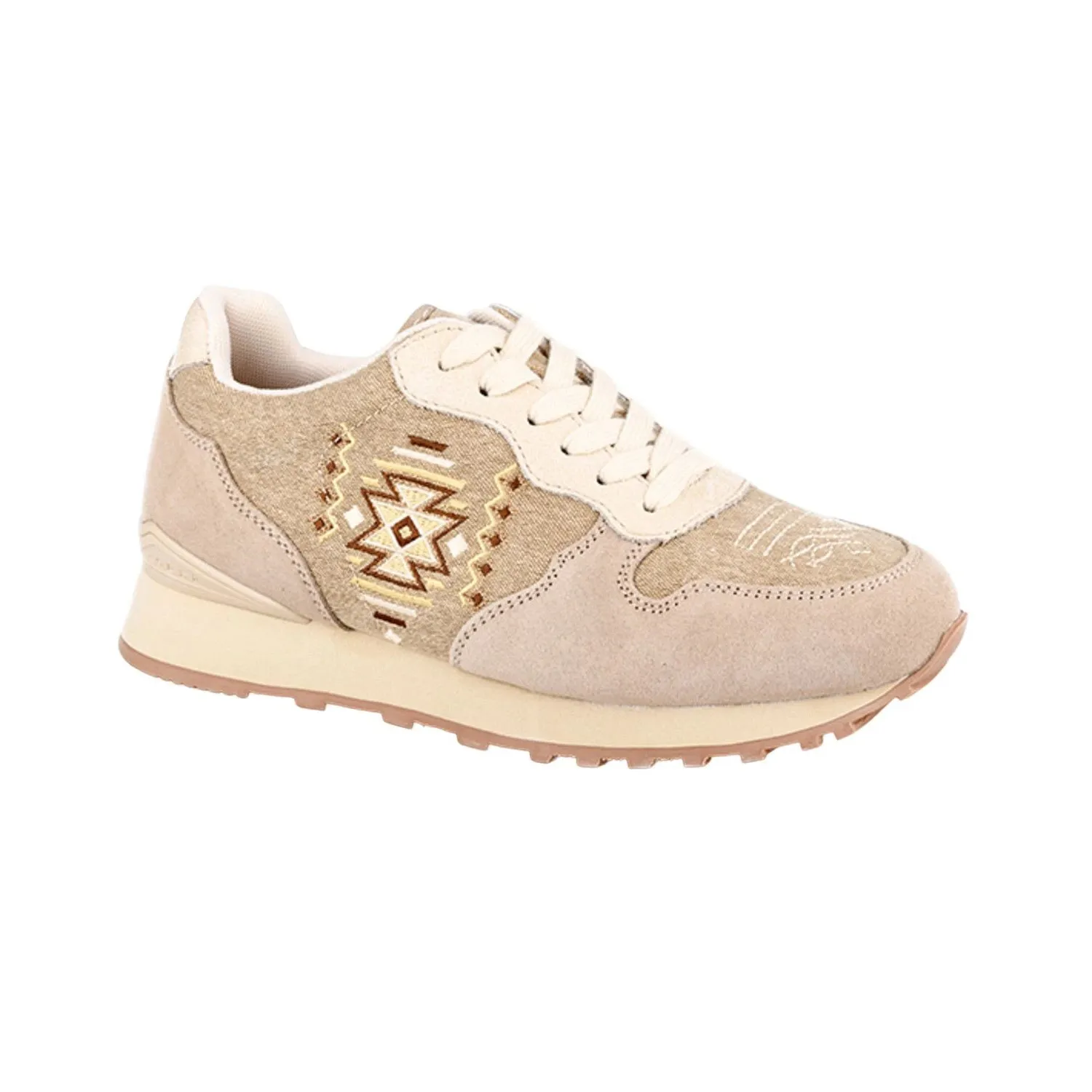 Roper Women's Laced Cow Suede and Aztec Embroidery Shoe- Taupe