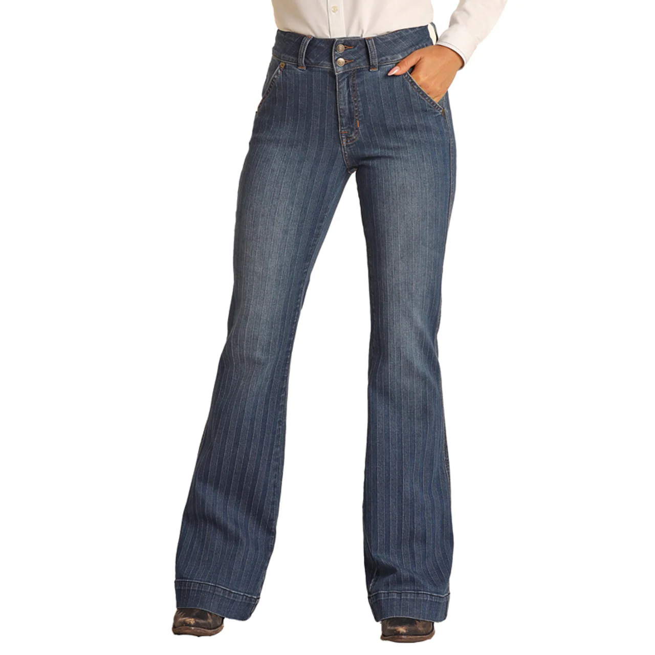 Rock & Roll Women's High Rise Extra Stretch Jacquard Stripe Trouser Jeans - Dark Wash