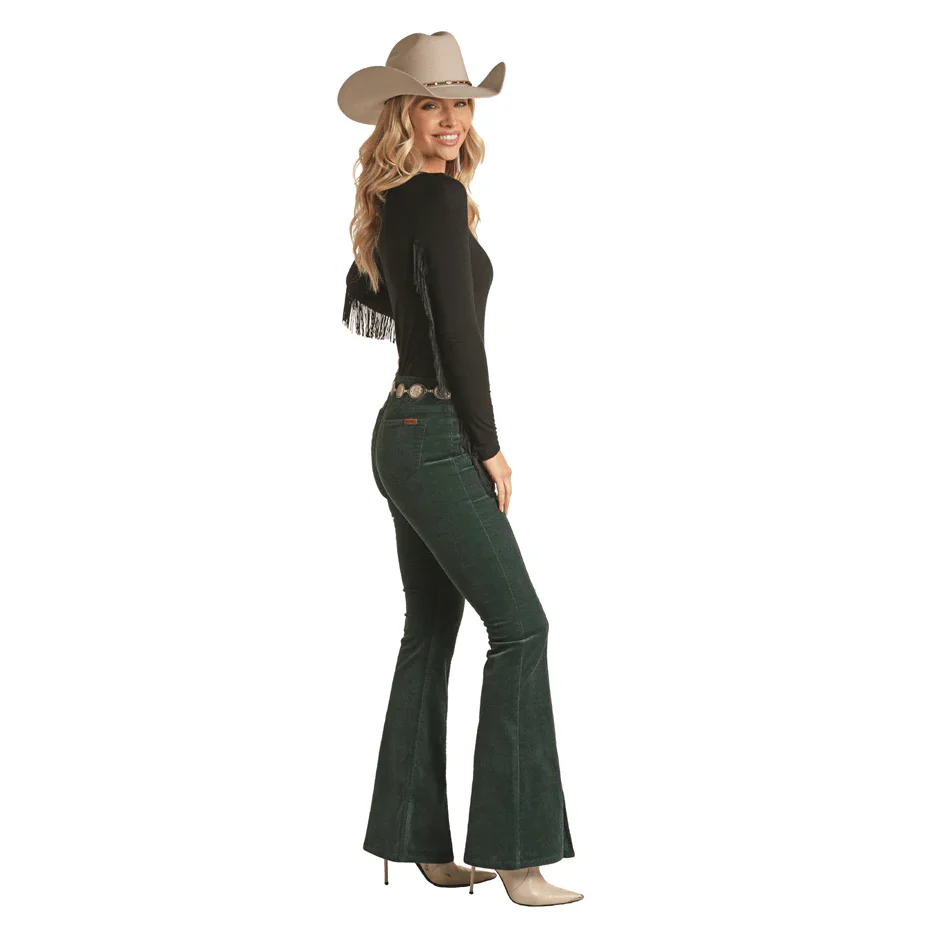 Rock & Roll Women's Green Corduroy Bell Bottom Pants w/Front Slit - Image 3