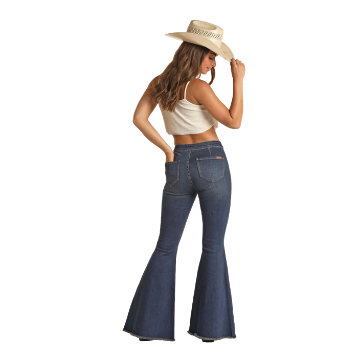 Rock & Roll Women's Dart Detail Button Bell Bottom Jeans - Medium Wash - Image 2