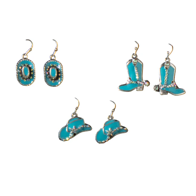 Silver Strike Cowboy Hats and Boots Earring Set- Turquoise
