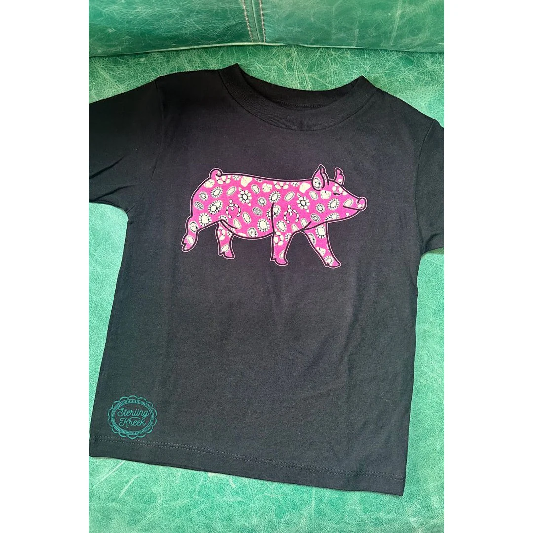 Sterling Kreek Girl's Mini Concho Pig T-Shirt - Black & Pink - Image 2