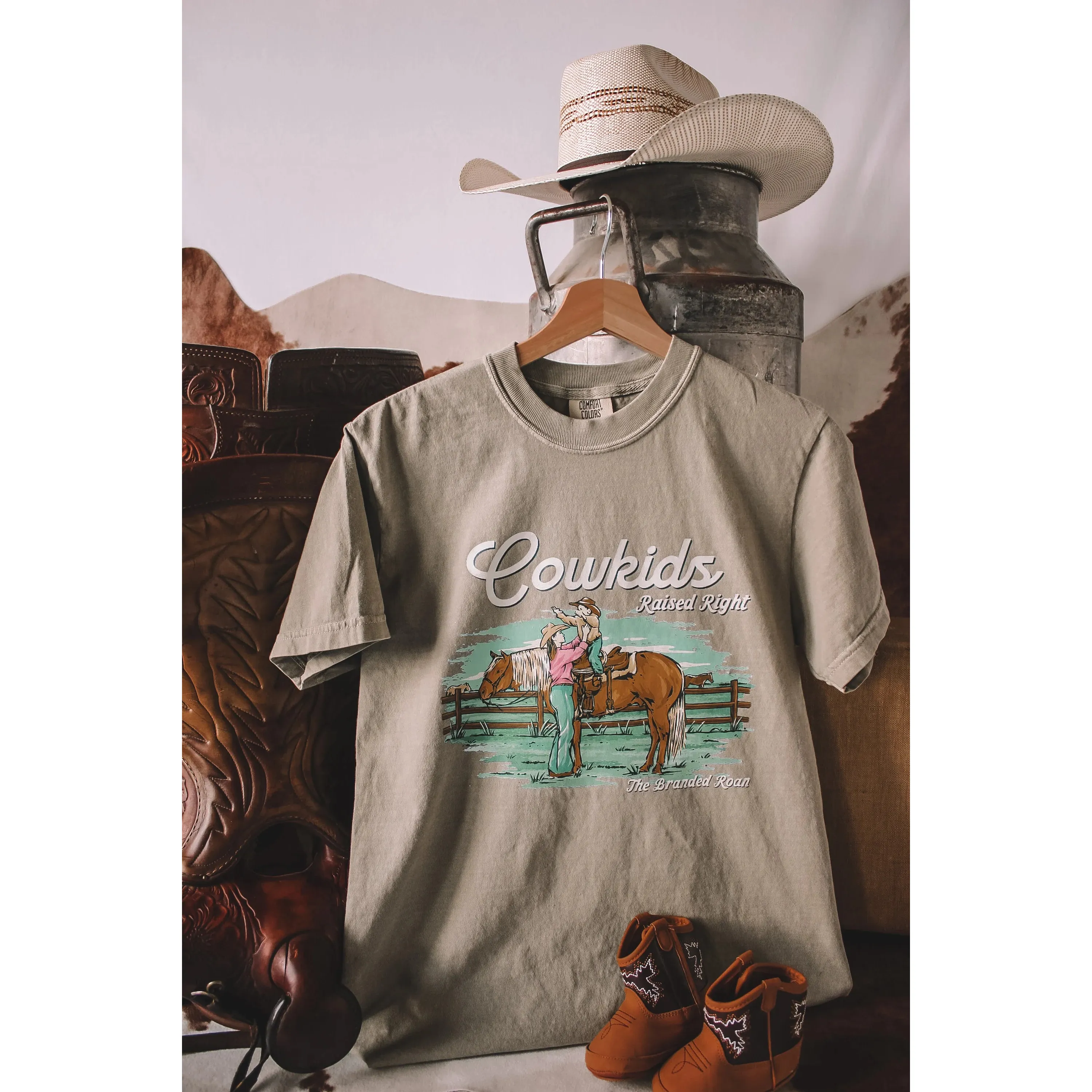 The Branded Roan Apparel Cowkids Raised Right T-Shirt-Khaki *NEW*