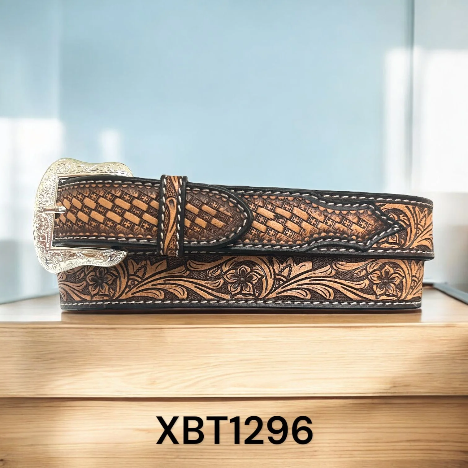 Twisted X Basket Weave Billets Floral Belt - Dark/Light Brown