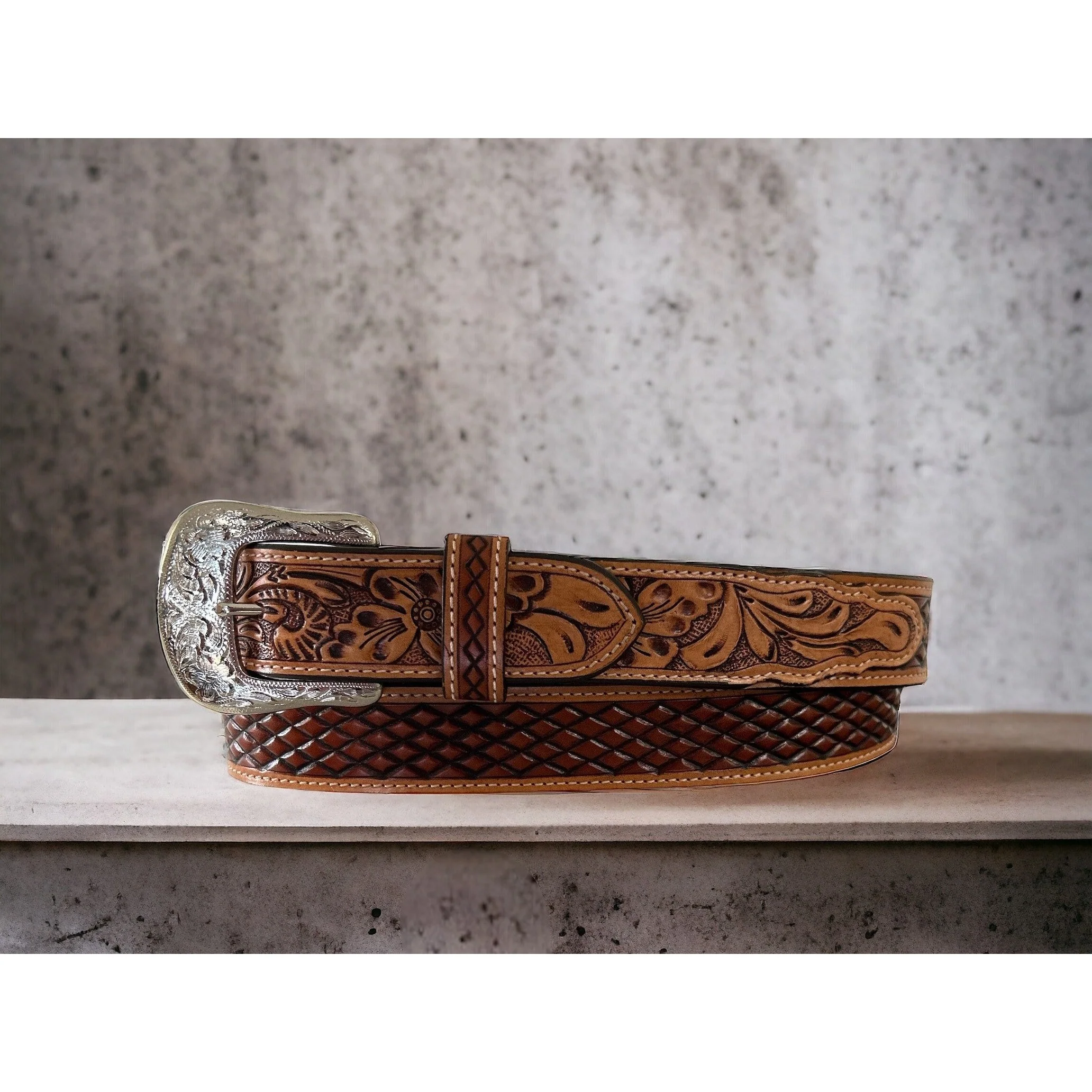 Twisted X Belt, Floral Billet, Diamond Carved Body, Two Tone - Image 2