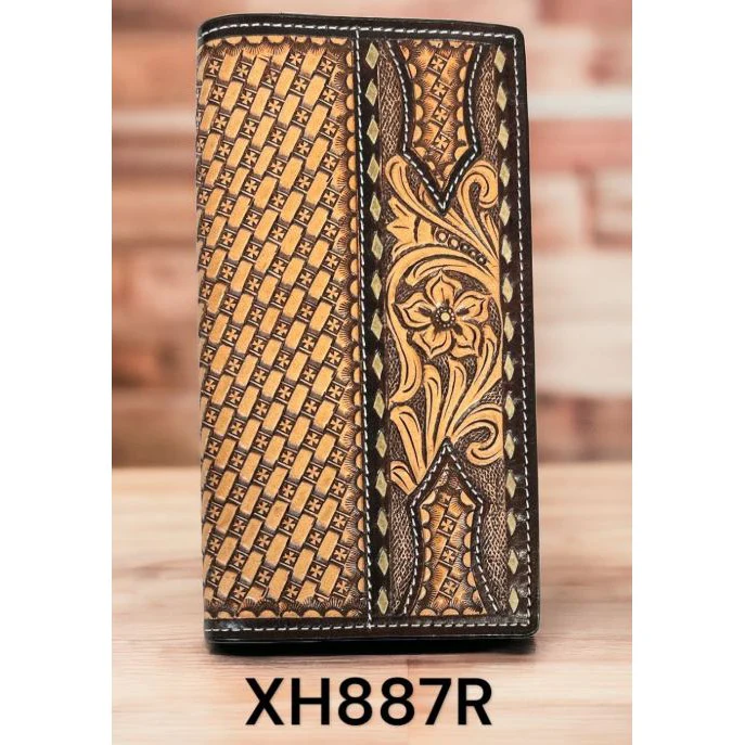 Twisted X Floral Carving with Basket Tooling Rawhide Buckstitch Rodeo Wallet
