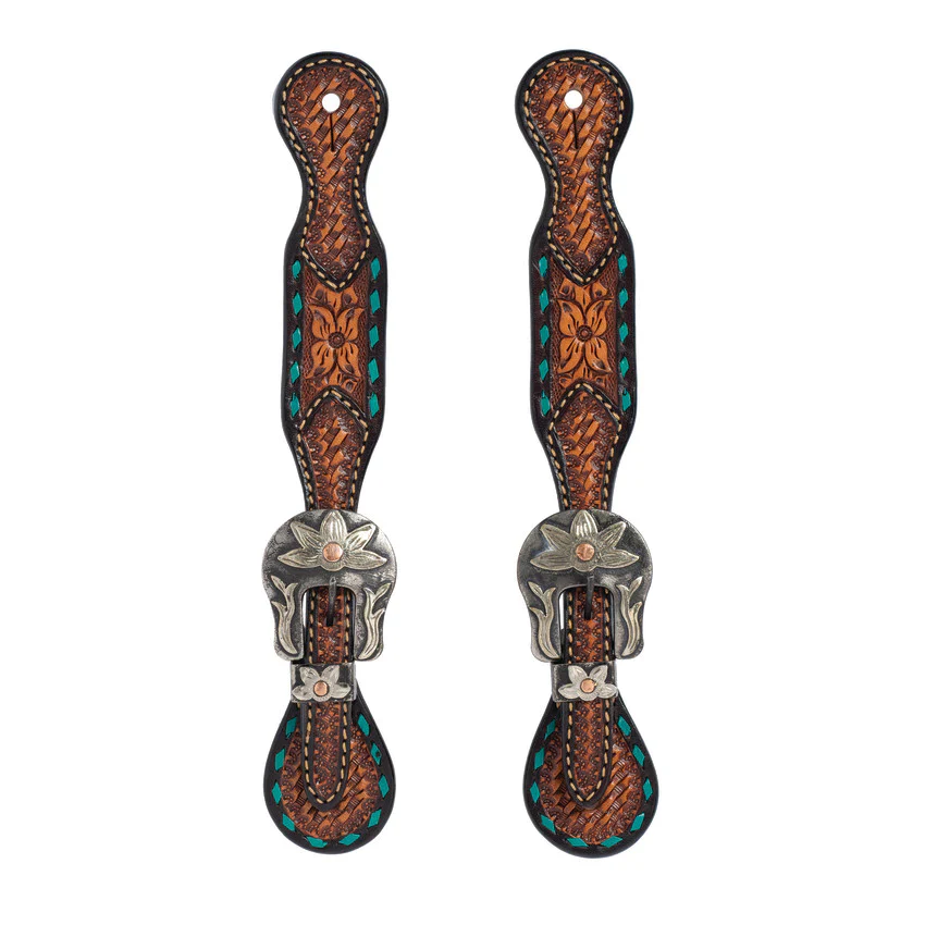 Weaver Turquoise Cross Ladies' Spur Straps, Floral Buckstitch