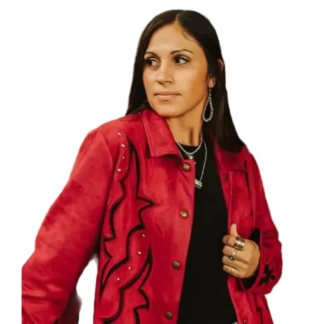 Women's Black Boot Stitch Embroidered Studded Long Sleeve Jacket - Burgundy - Image 2
