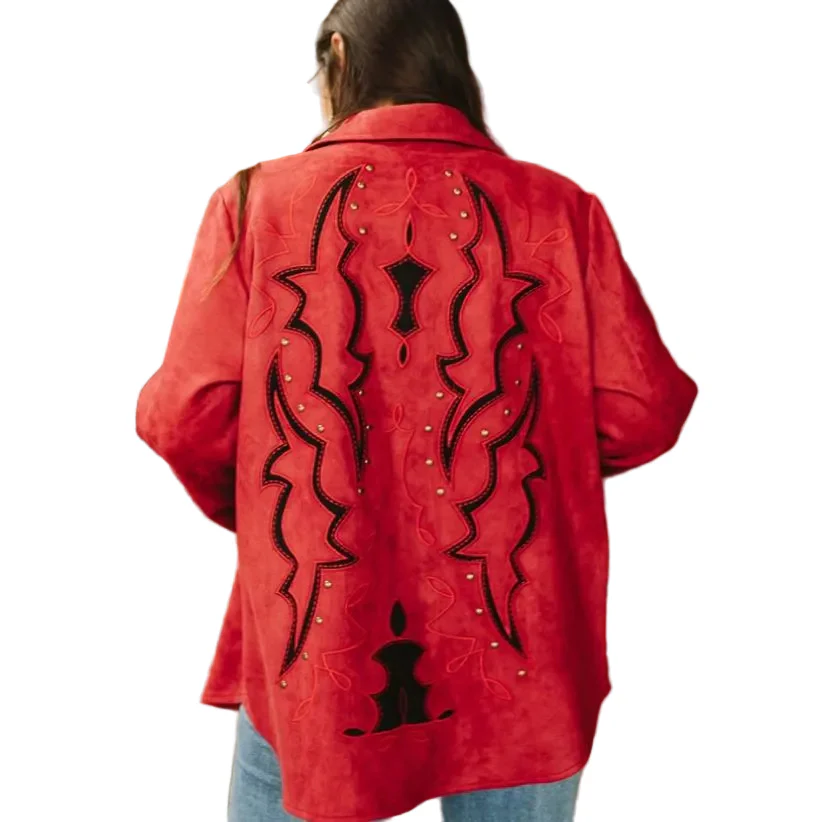 Women's Black Boot Stitch Embroidered Studded Long Sleeve Jacket - Burgundy - Image 3