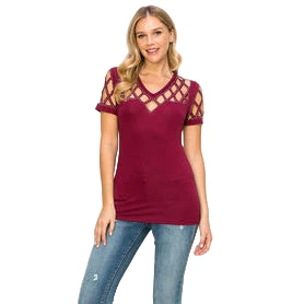 Women's Short Sleeve Top with Laser cut and Stones - Image 2