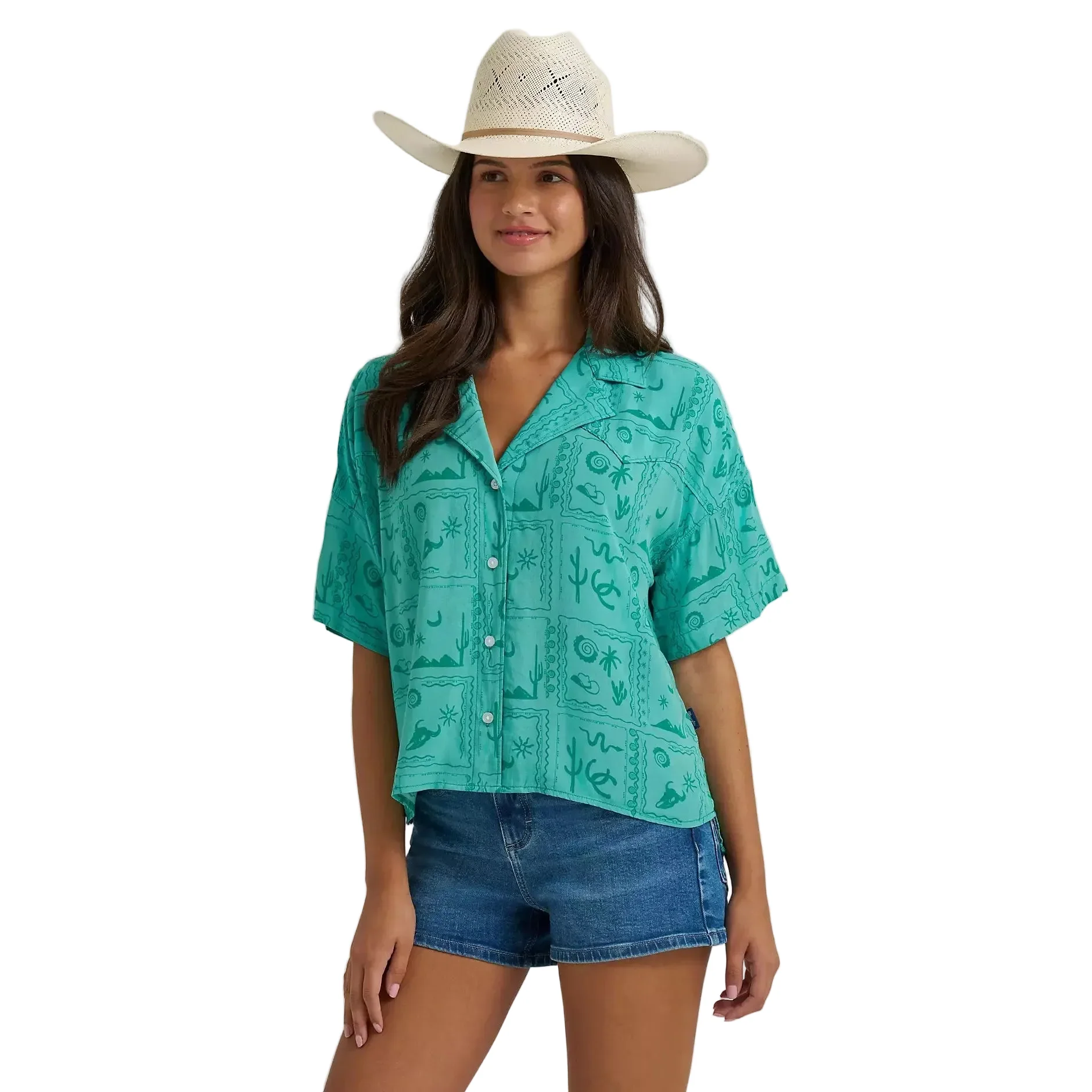 Wrangler® Women's Retro® Cowgirl Camp Short Sleeve Shirt - Green Square