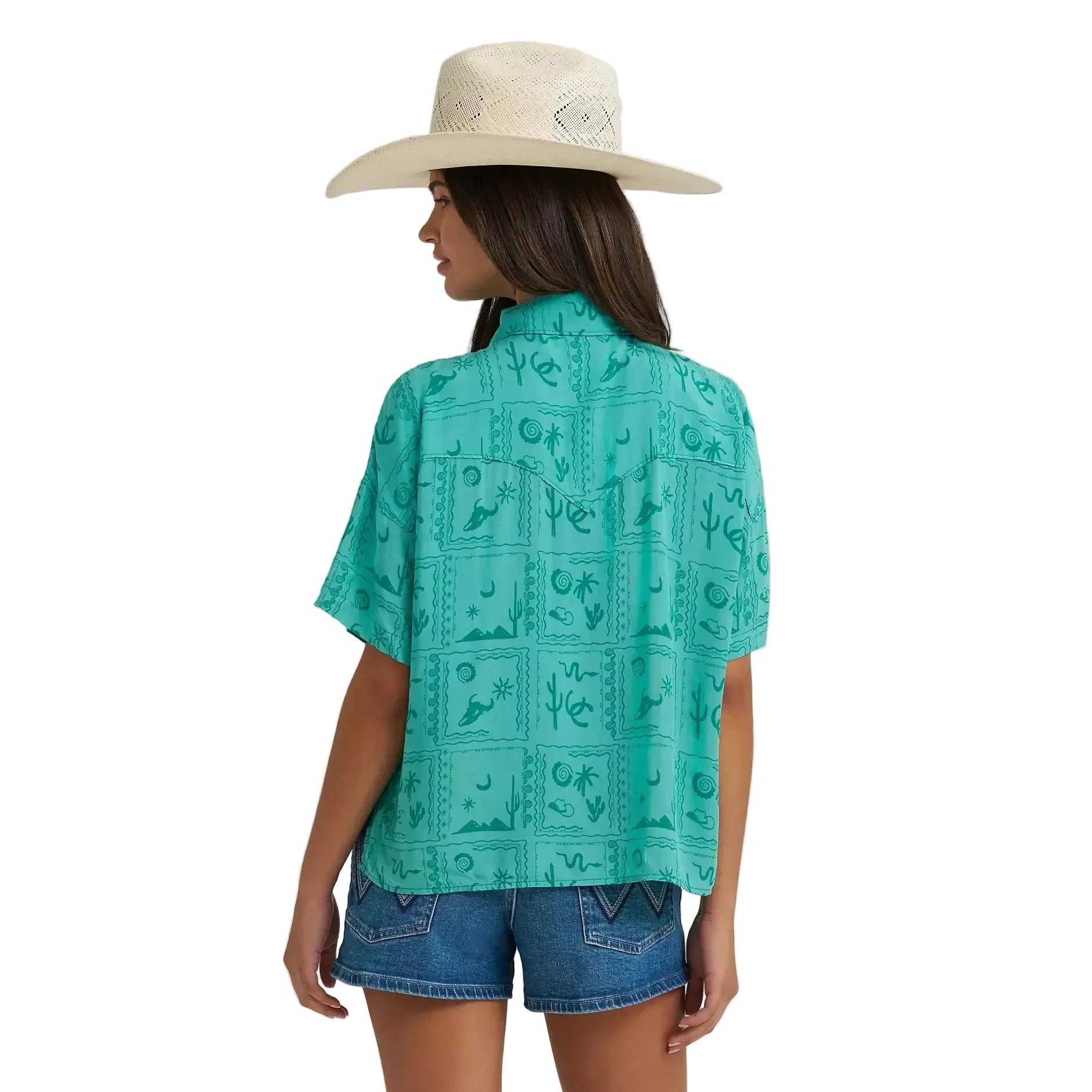 Wrangler® Women's Retro® Cowgirl Camp Short Sleeve Shirt - Green Square - Image 2