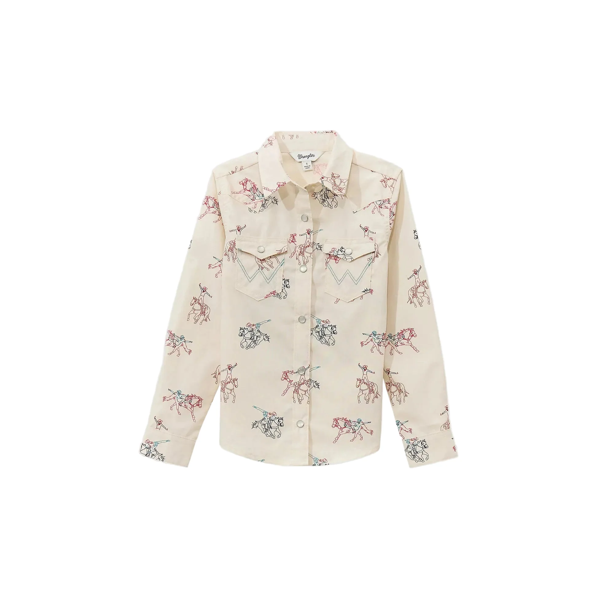 Wrangler Girl's Long Sleeve Cowboy Horse Print Western Snap Shirt - White