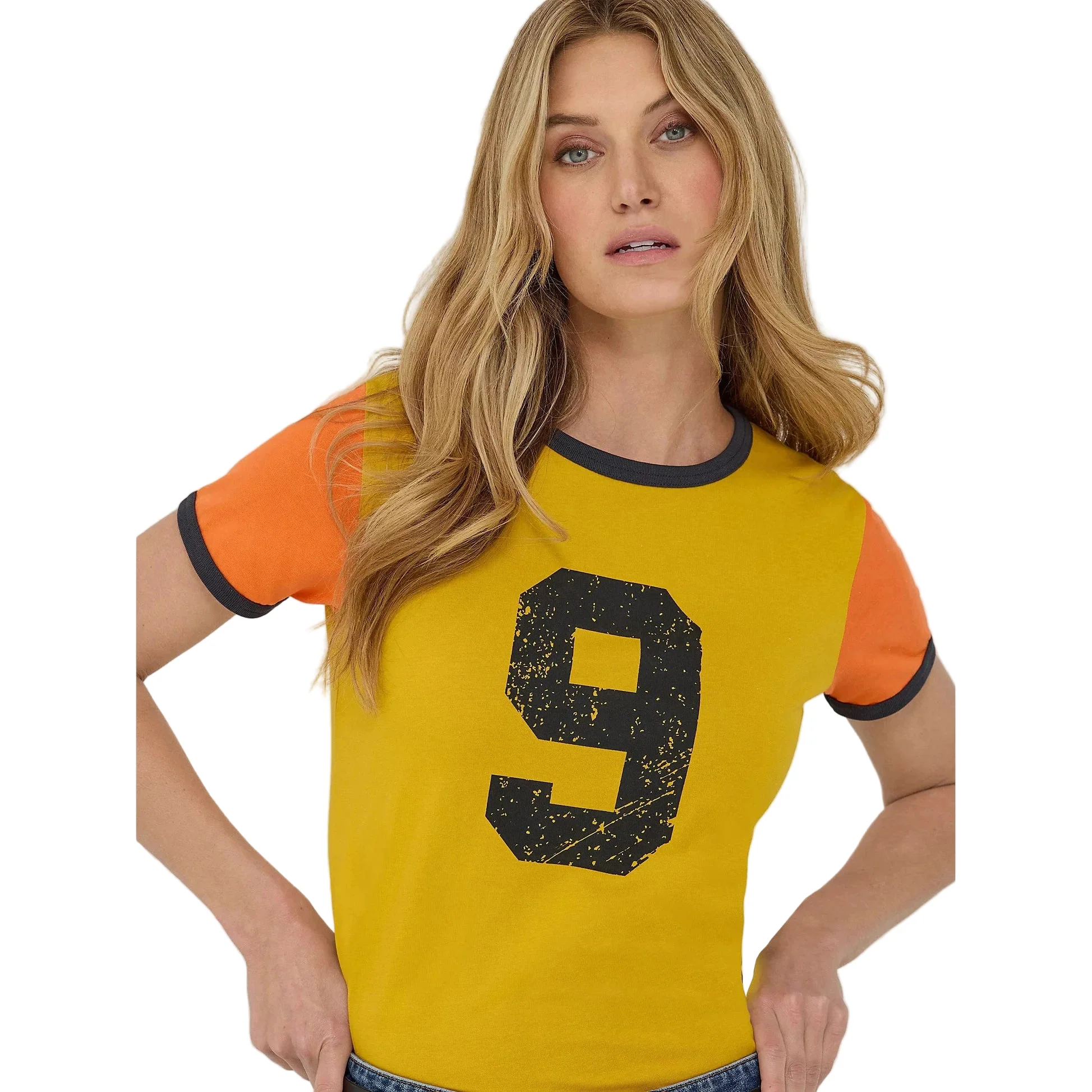 Wrangler Lainey Wilson Number 9 Slim Ringer Short Sleeve Tee Shirt-Nugget Gold - Image 2