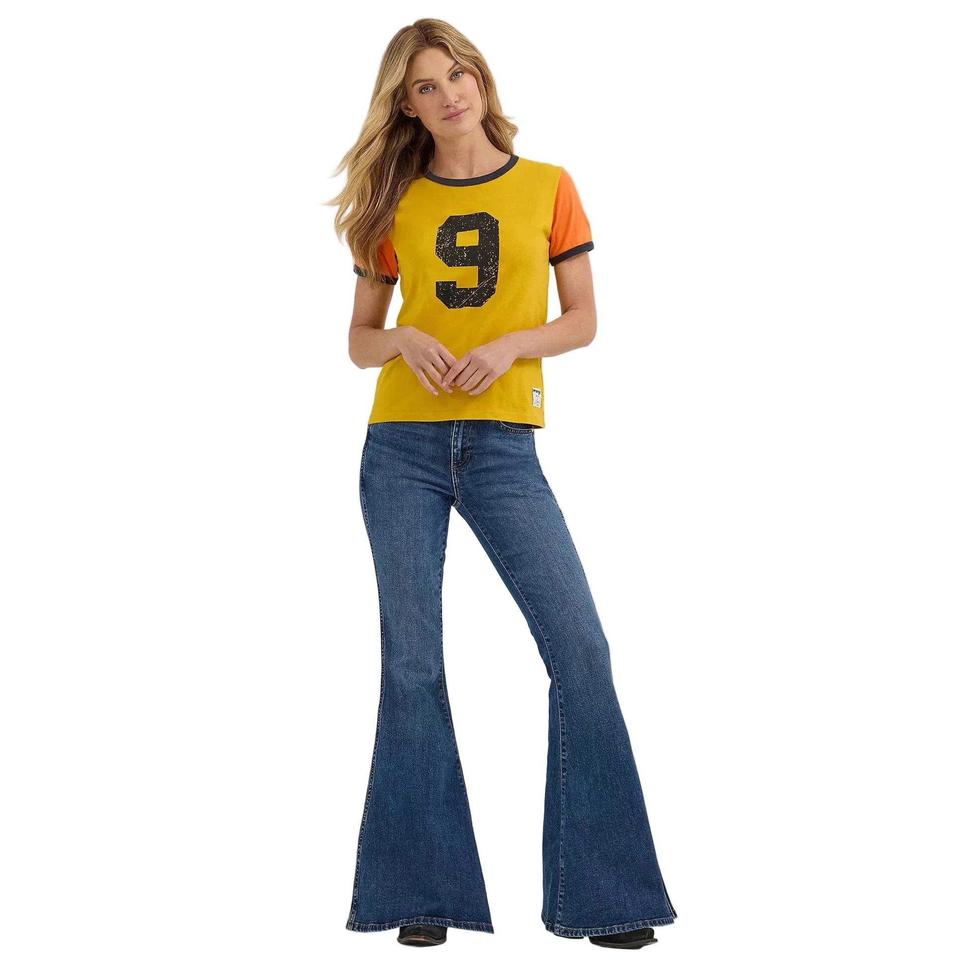 Wrangler Lainey Wilson Number 9 Slim Ringer Short Sleeve Tee Shirt-Nugget Gold - Image 3