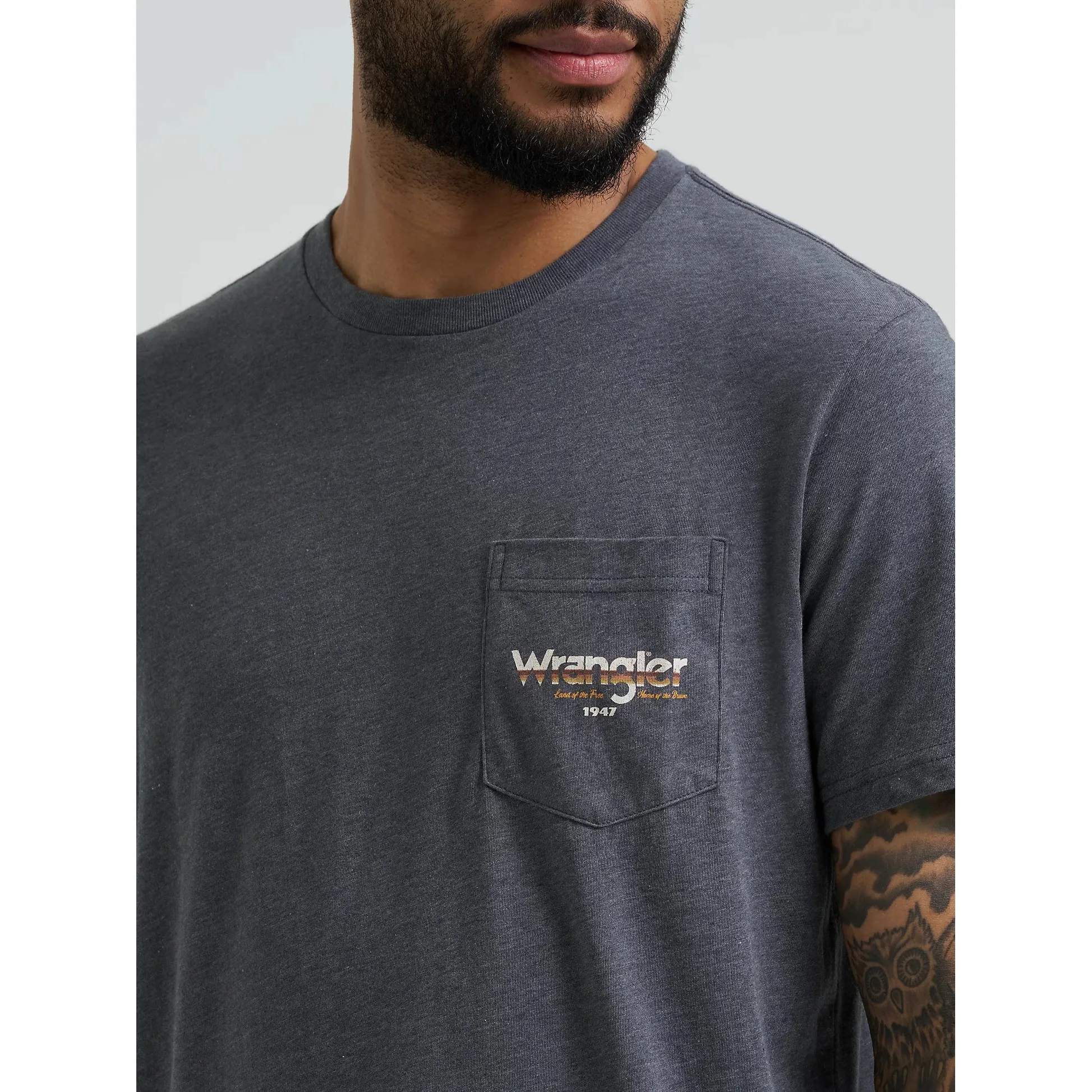 Wrangler Men's Back Graphic Short Sleeve Pocket Tee Shirt- Charcoal - Image 3