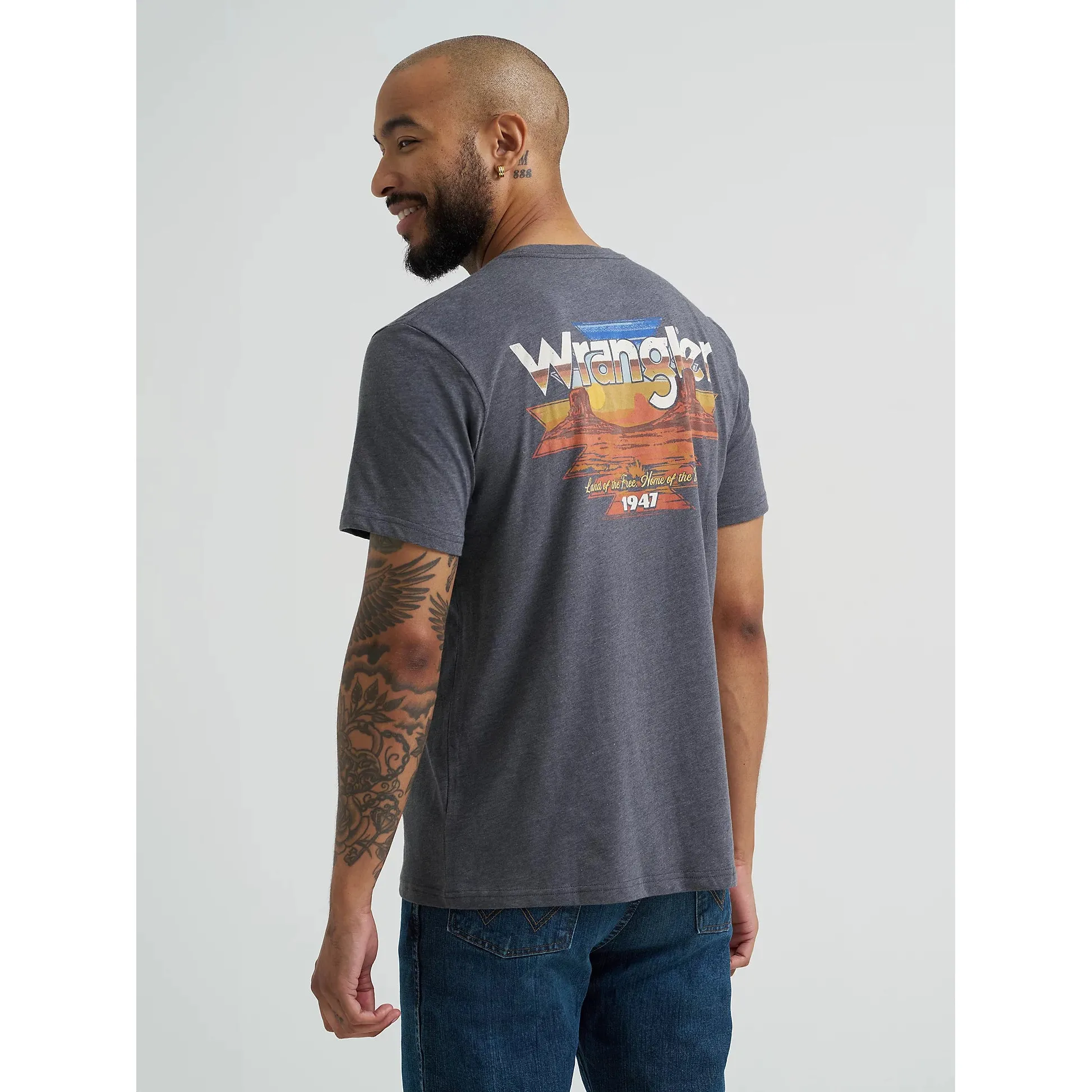 Wrangler Men's Back Graphic Short Sleeve Pocket Tee Shirt- Charcoal - Image 4