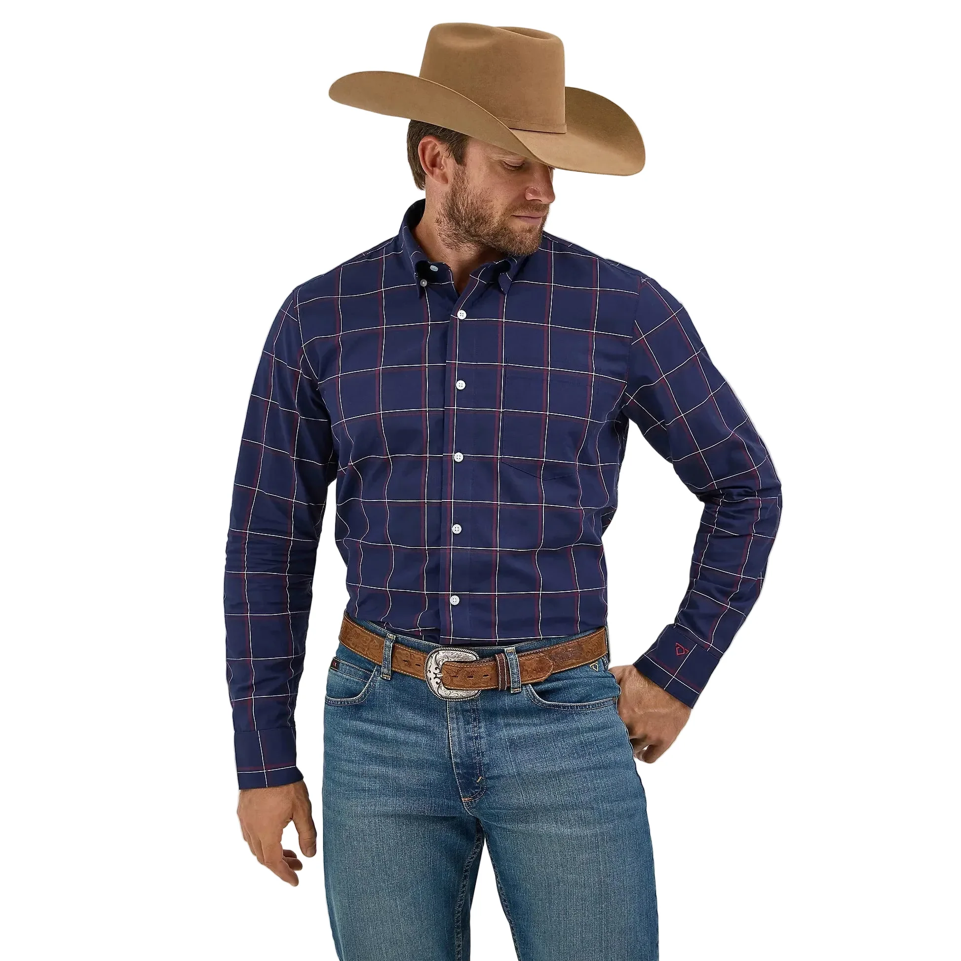 Wrangler Men's Cody Johnson One Pocket Button Down Long Sleeve Shirt - Navy Plaid