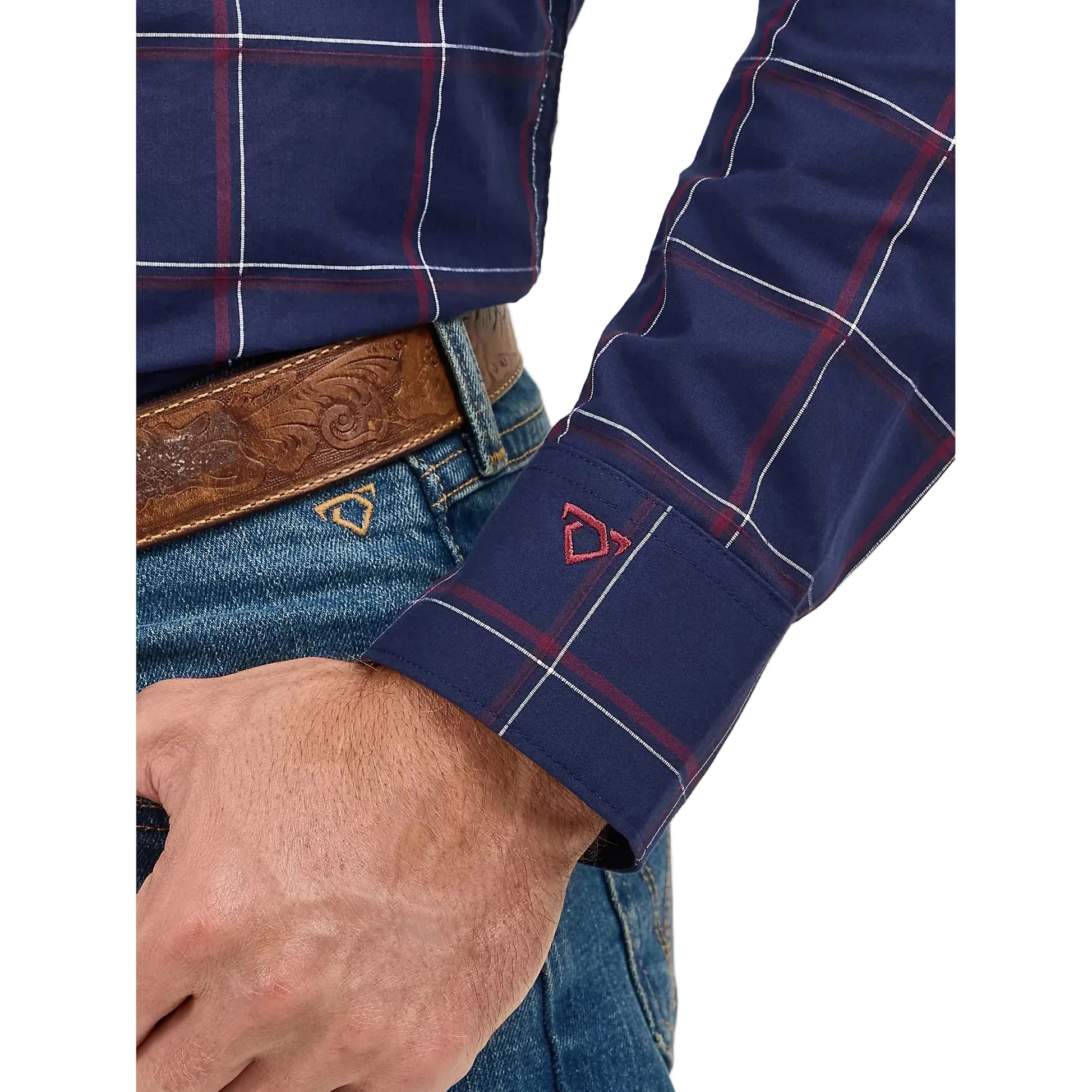 Wrangler Men's Cody Johnson One Pocket Button Down Long Sleeve Shirt - Navy Plaid - Image 4