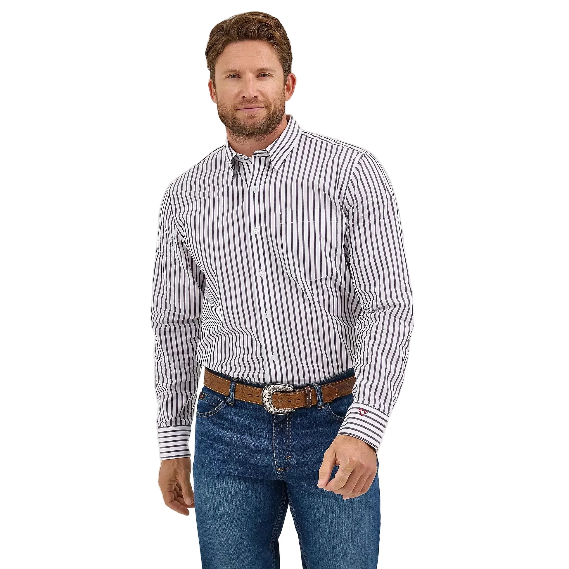 Wrangler Men's Cody Johnson One Pocket Button Down Long Sleeve Shirt - Navy White Stripes