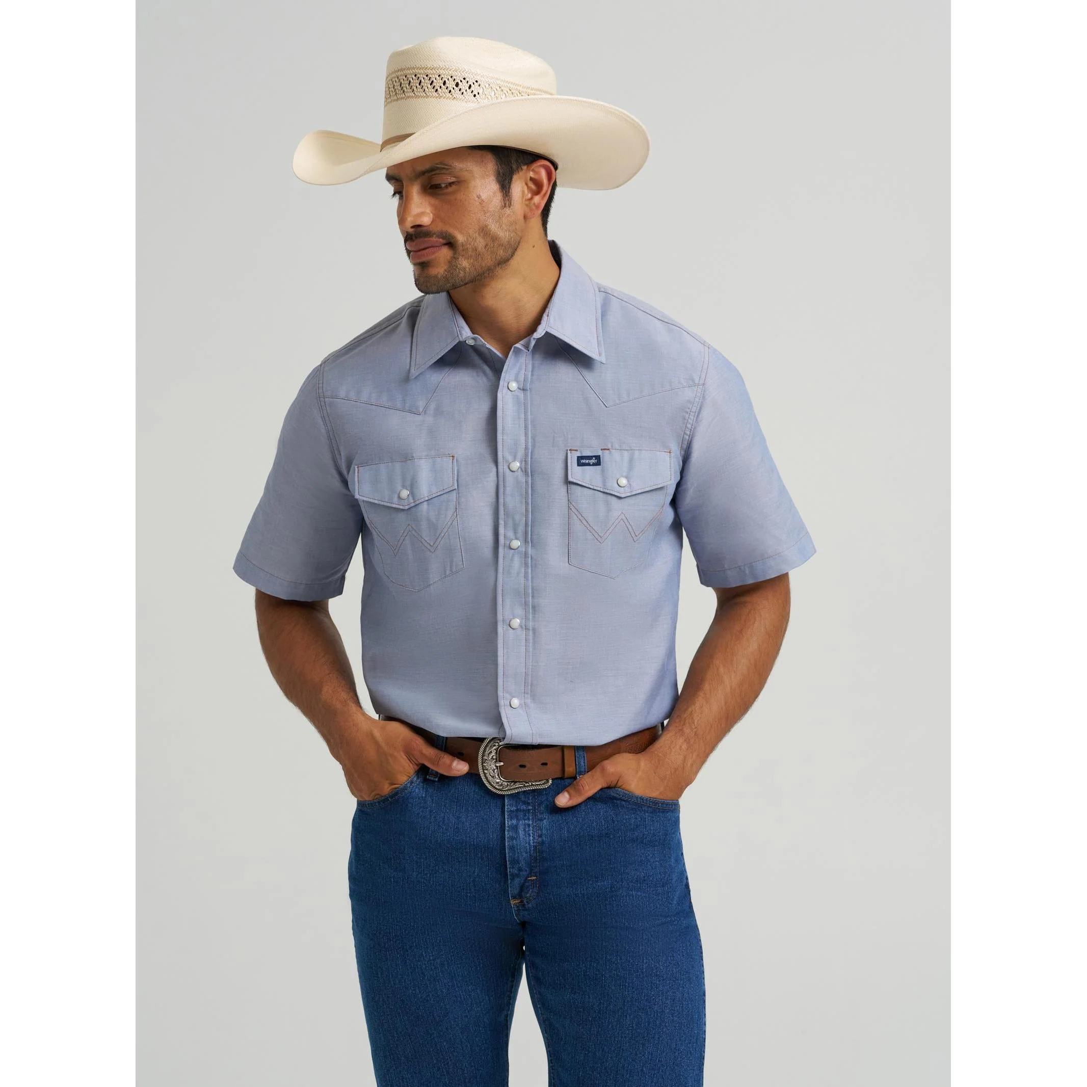 Wrangler Men's Cowboy Cut Work Short Sleeve Western Snap Solid Shirt - Chambray