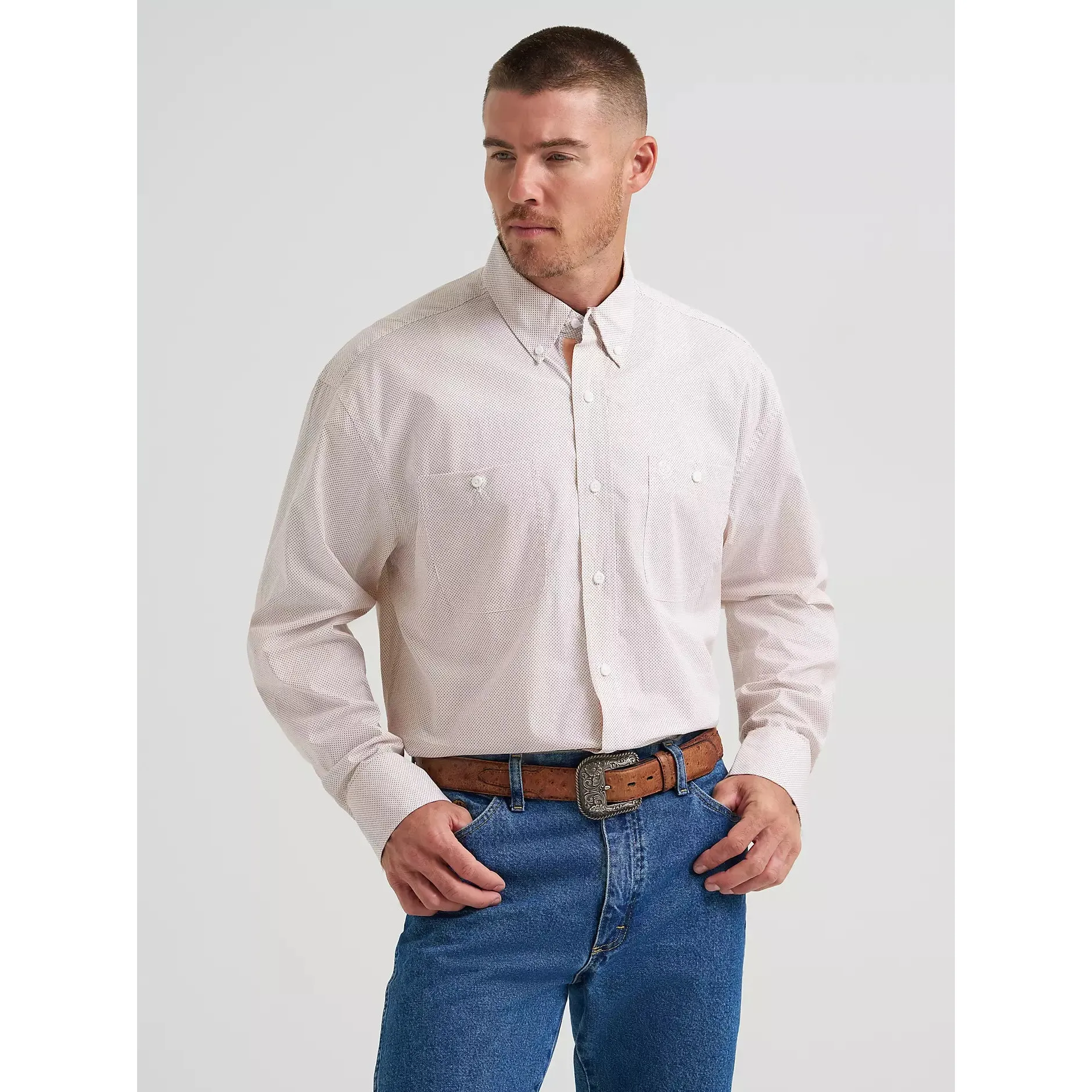 Wrangler Men's George Strait Button Down Long Sleeve 2 Pocket Shirt - Peach Print