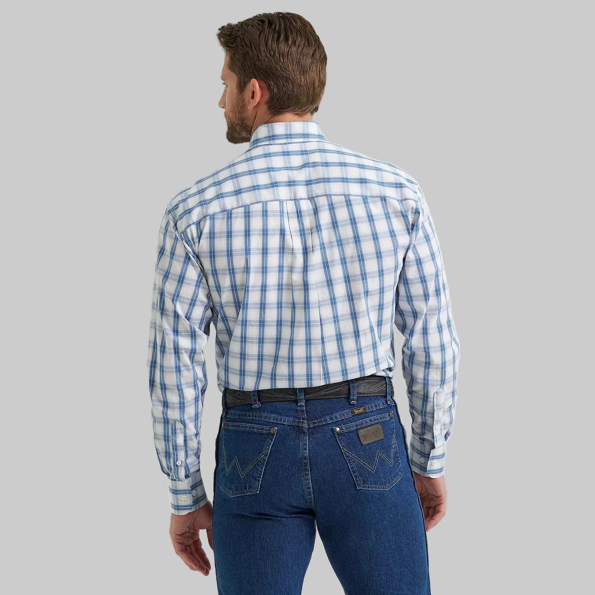 Wrangler Men's George Strait Long Sleeve Button Down Shirt - Navy Blue Plaid - Image 2