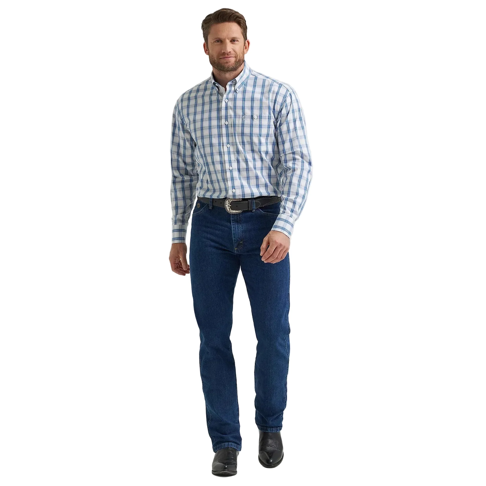 Wrangler Men's George Strait Long Sleeve Button Down Shirt - Navy Blue Plaid - Image 5