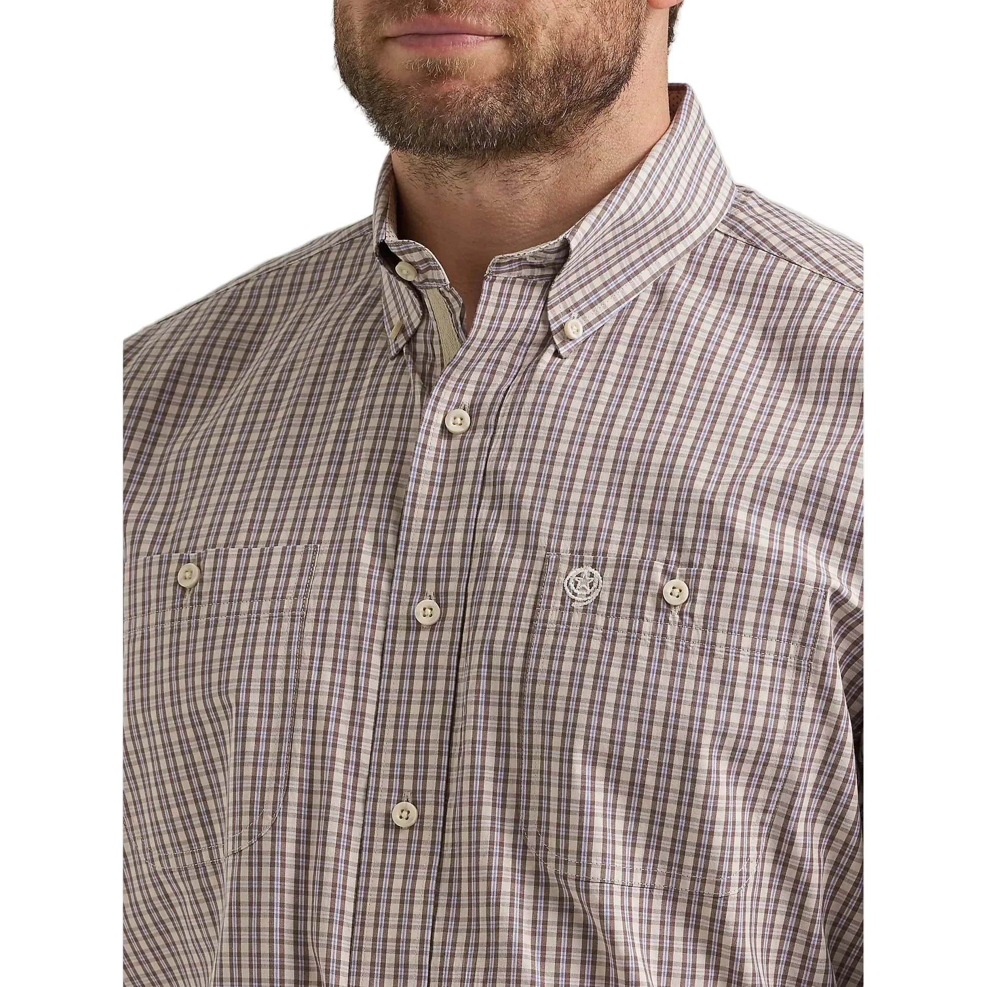 Wrangler Men's George Strait Long Sleeve Button Down Two Pocket Shirt - Purple Tan Plaid - Image 4