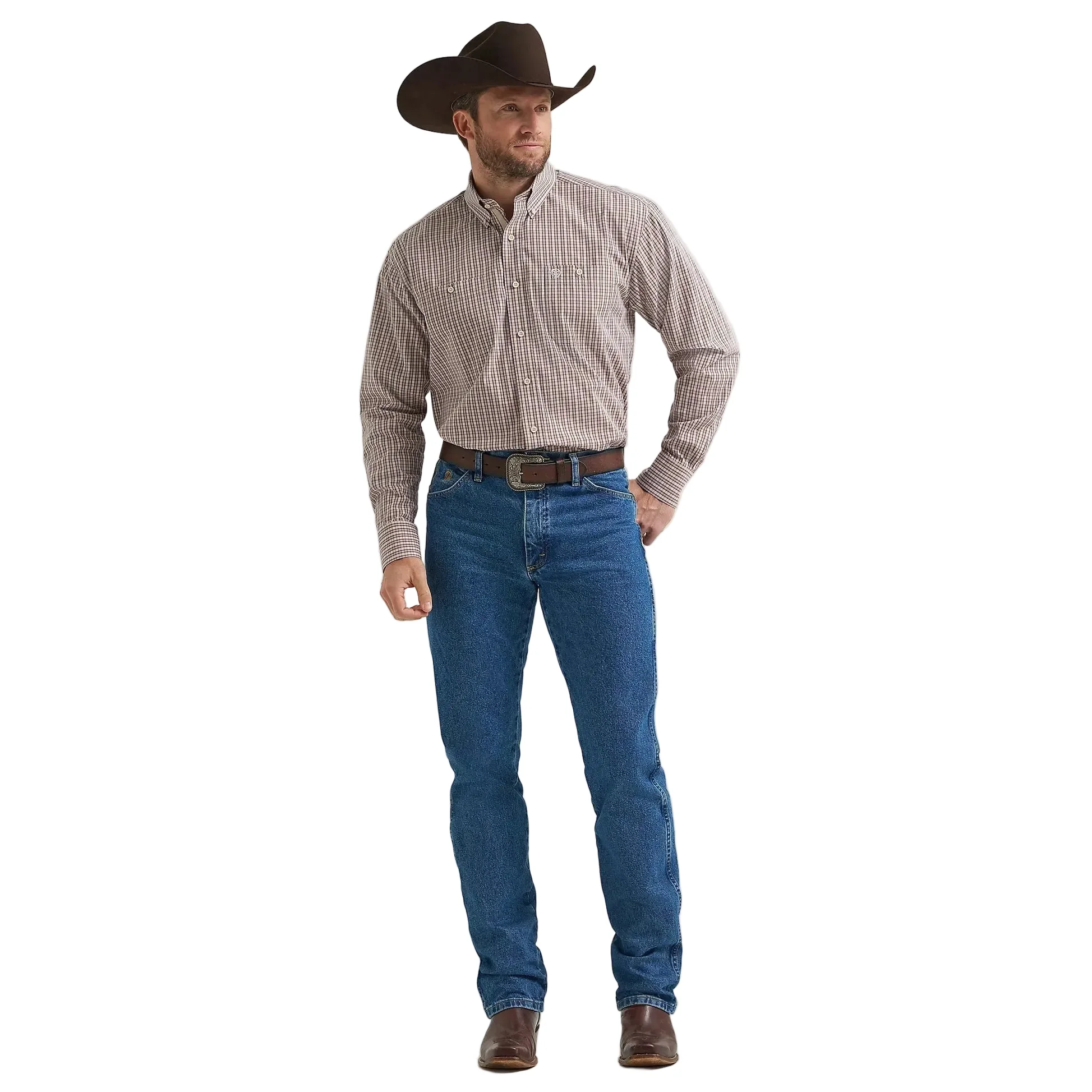 Wrangler Men's George Strait Long Sleeve Button Down Two Pocket Shirt - Purple Tan Plaid - Image 5