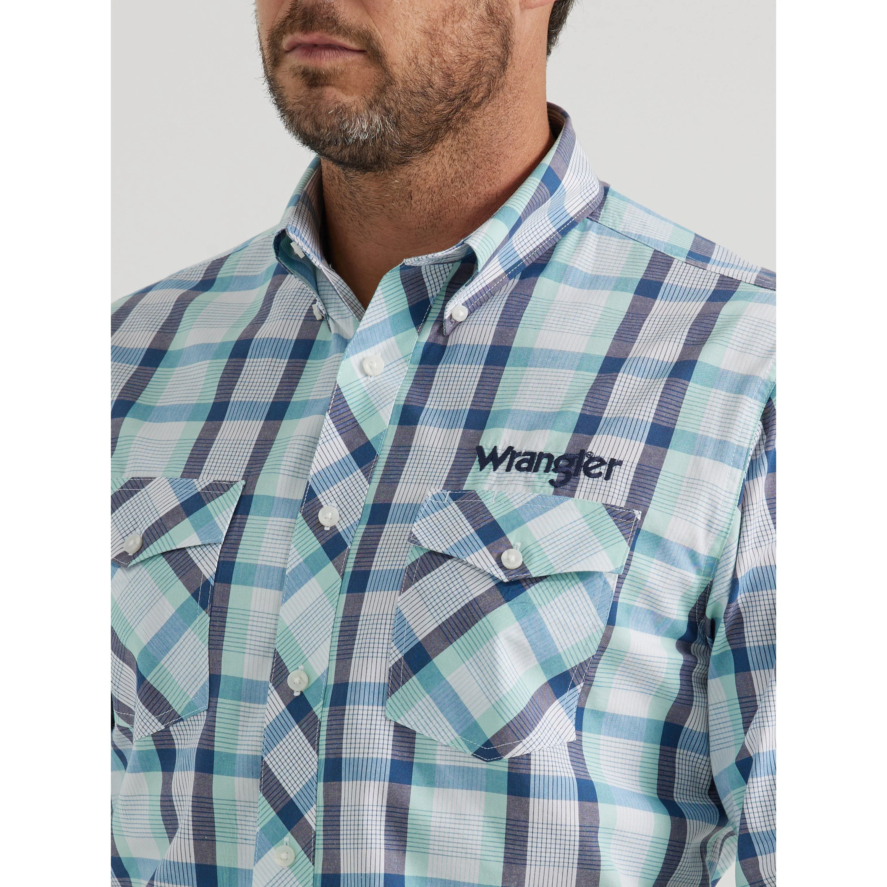 Wrangler Men's Logo Long Sleeve Button Down Shirt - Teal - Image 3